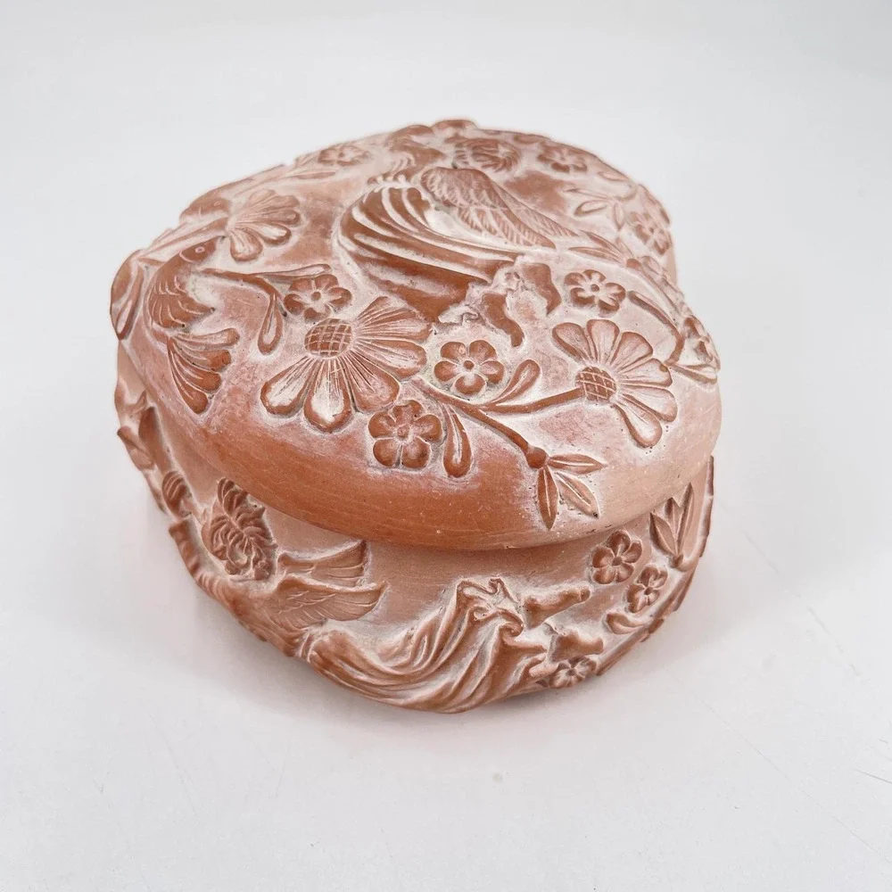 Vintage Terracotta Heart Trinket Box Embossed Angel Bird Floral Lidded Korea